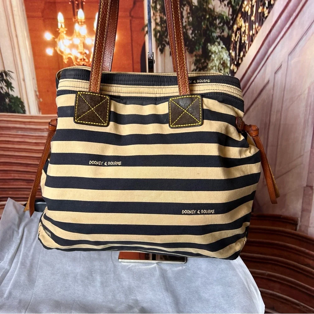 Dooney & Bourke Brown and Tan Striped Tote Bag with Leather Handles and Trim - Picture 3 of 15